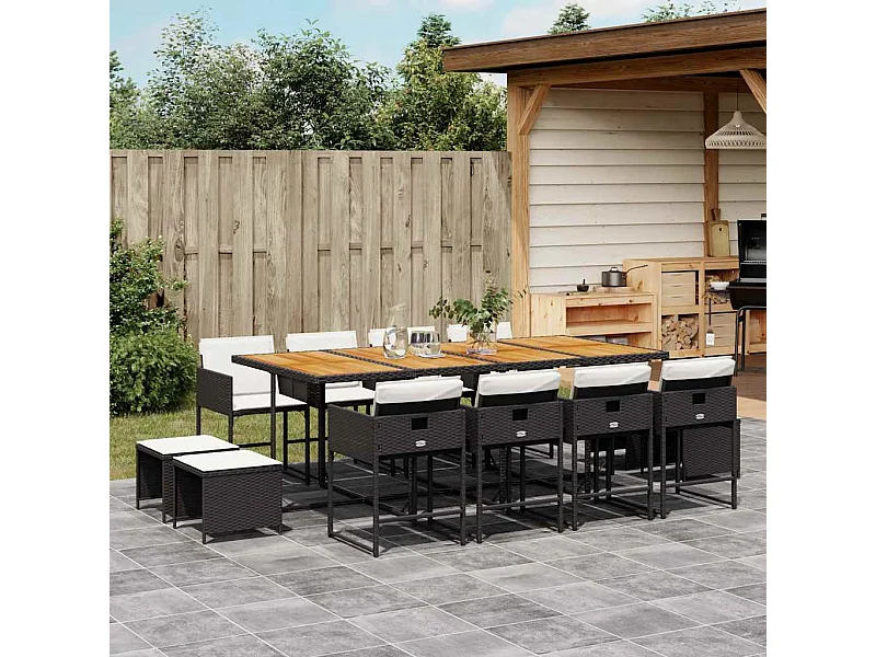 Ensemble à manger de jardin 13 pcs coussins noir résine tressée