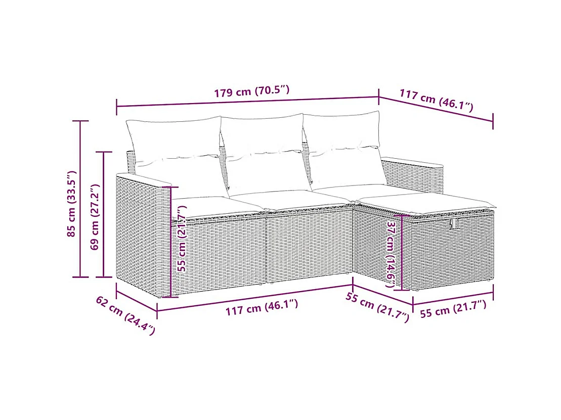 Set Divani da Giardino 4 pz con Cuscini Nero in Polyrattan