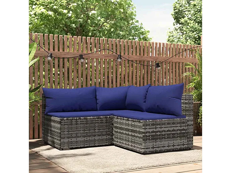 Set de muebles de jardín 3 pzas y cojines ratán sintético gris