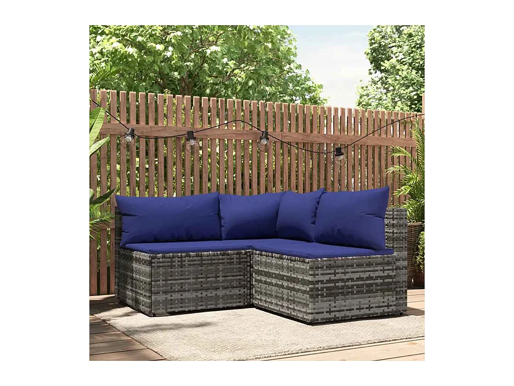 Salon de jardin 3 pcs avec coussins Gris Résine tressée