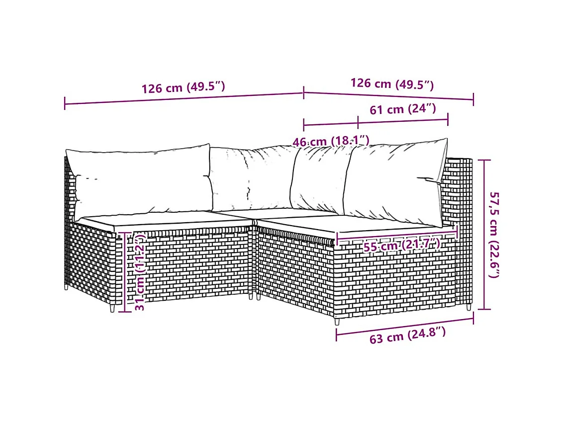 Salon de jardin 3 pcs avec coussins Gris Résine tressée
