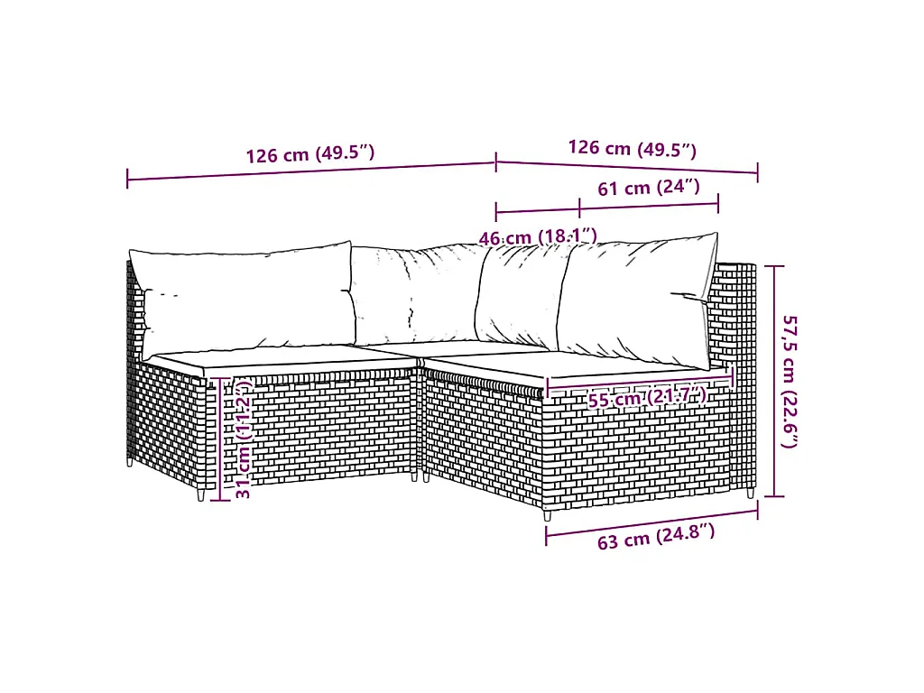Salon de jardin 3 pcs avec coussins Gris Résine tressée