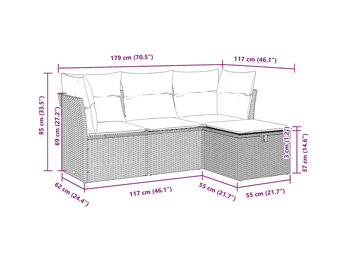 4-delige Loungeset met kussens poly rattan bruin
