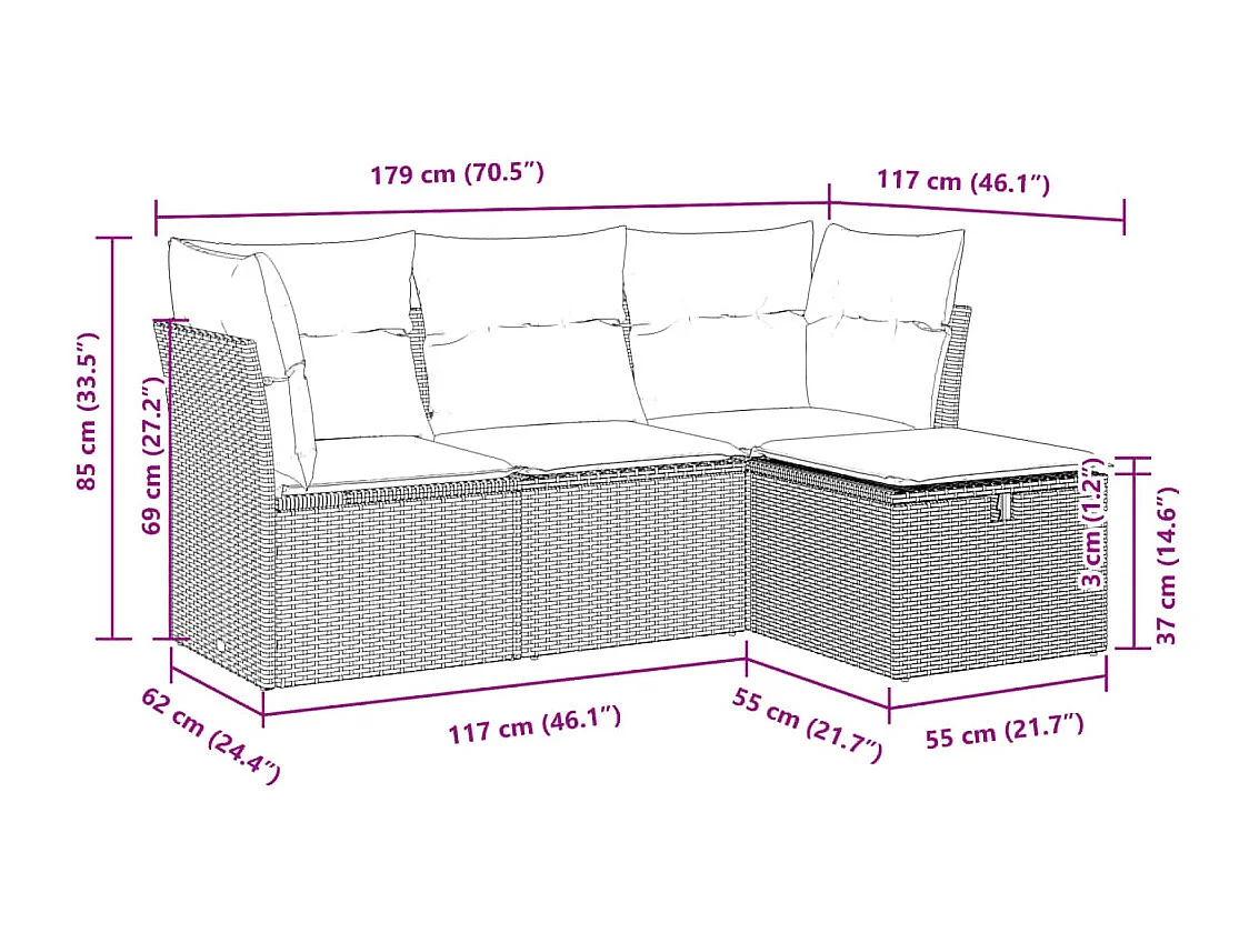 4-tlg. Garten-Sofagarnitur mit Kissen Braun Poly Rattan