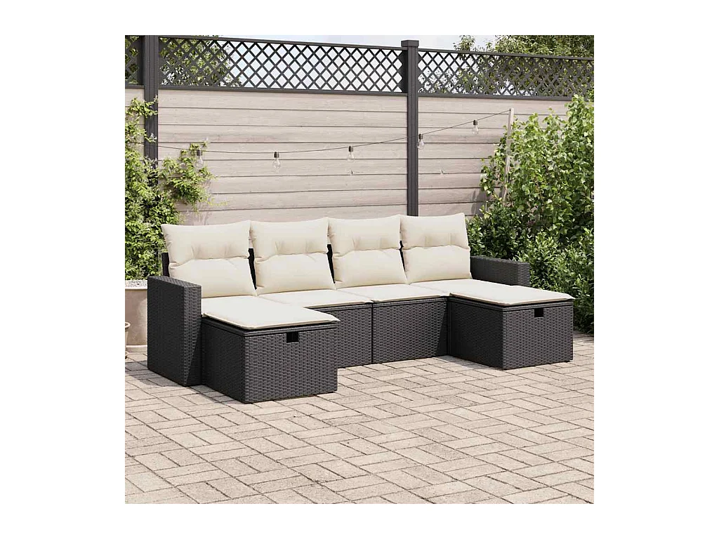 6 pcs conjunto sofás de jardim c/ almofadões vime PE preto
