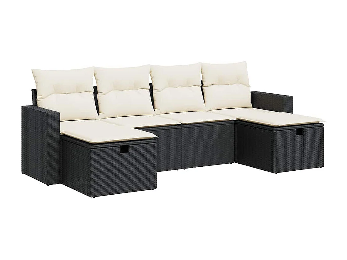 6-delige Loungeset met kussens poly rattan zwart