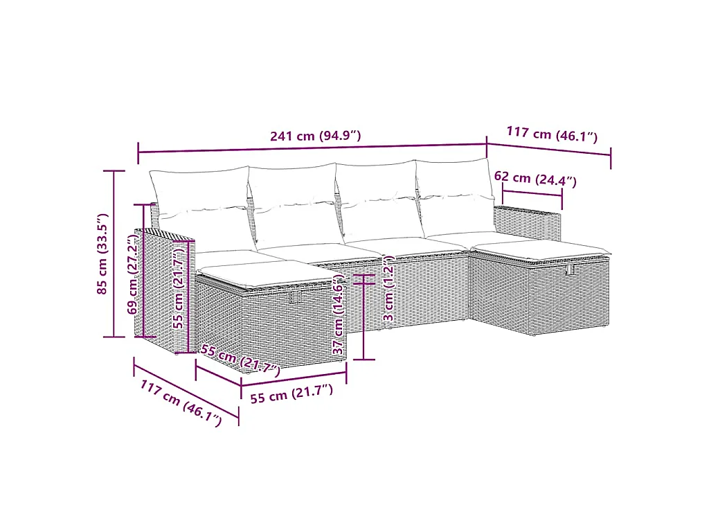 6-delige Loungeset met kussens poly rattan zwart