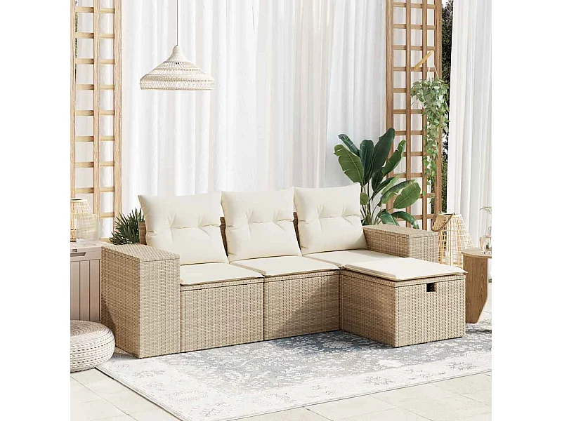 Salon de jardin avec coussins 4 pcs beige résine tressée