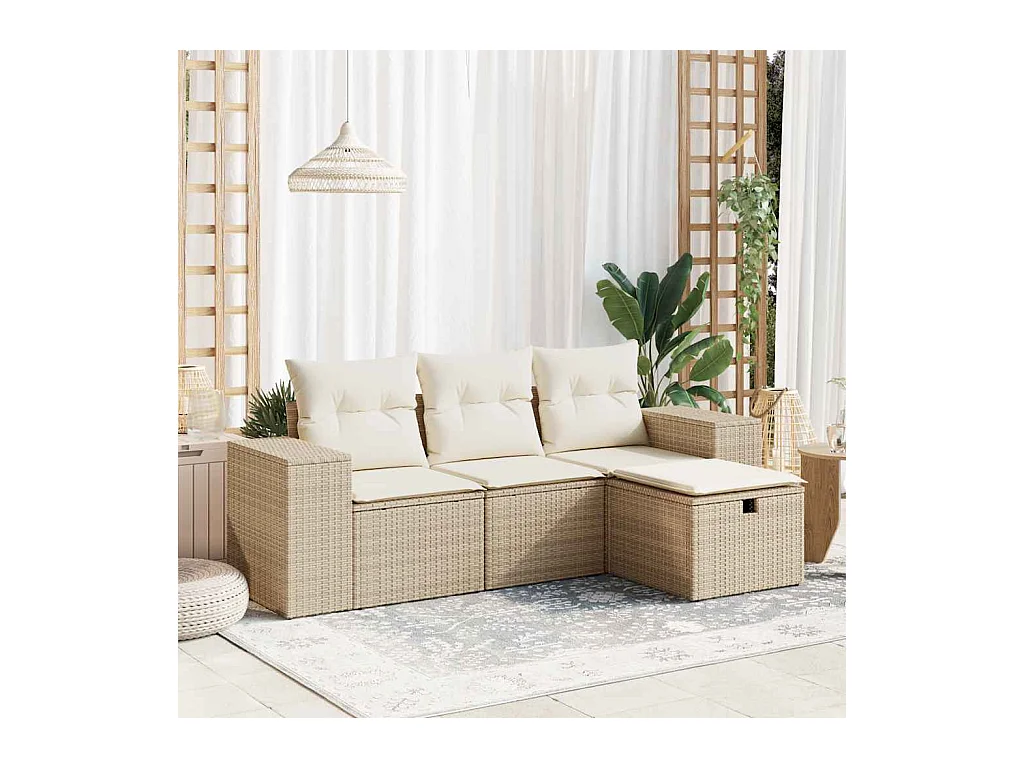 Salon de jardin avec coussins 4 pcs beige résine tressée