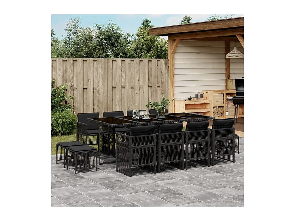 13-tlg. Garten-Essgruppe mit Kissen Schwarz Poly Rattan