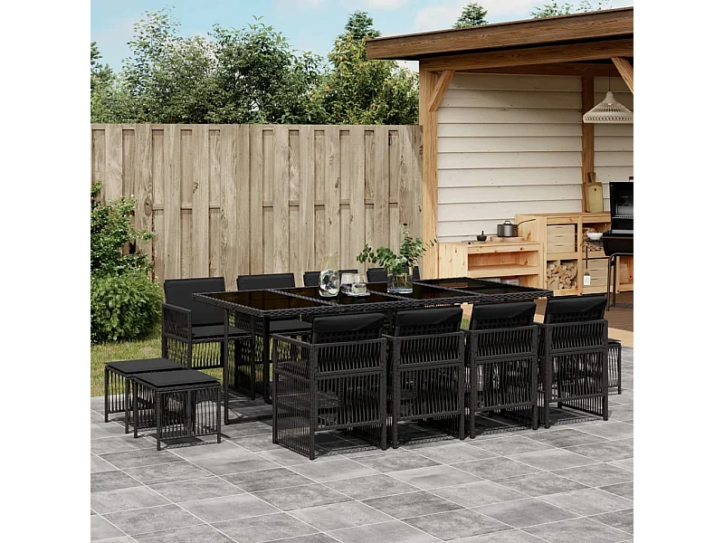 Ensemble à manger de jardin 13 pcs coussins noir résine tressée