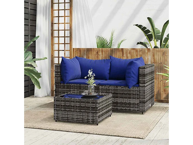 3-tlg. Garten-Lounge-Set mit Kissen Grau Poly Rattan
