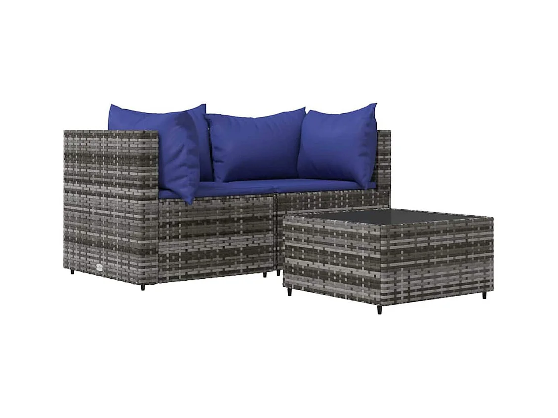 3-delige Loungeset met kussens poly rattan grijs