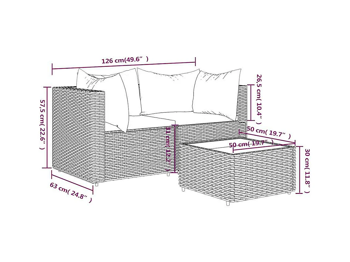 3-delige Loungeset met kussens poly rattan grijs