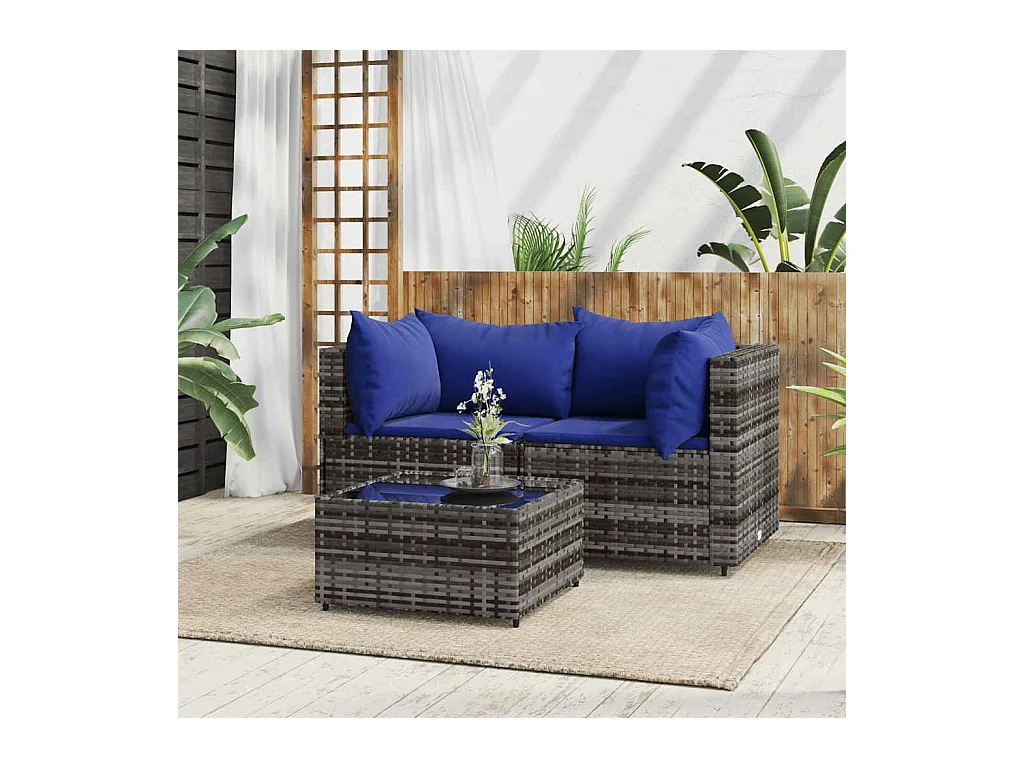 Set Divani da Giardino 3 pz con Cuscini in Polyrattan Grigio