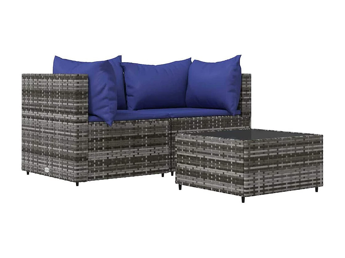 3-delige Loungeset met kussens poly rattan grijs