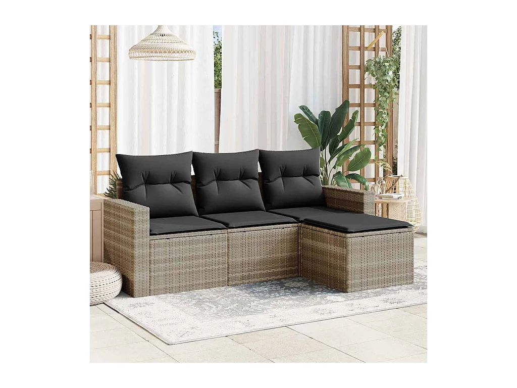 Salon de jardin 4 pcs avec coussins gris clair résine tressée