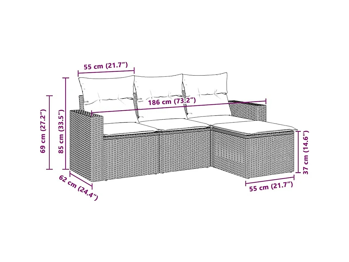 Salon de jardin 4 pcs avec coussins gris clair résine tressée