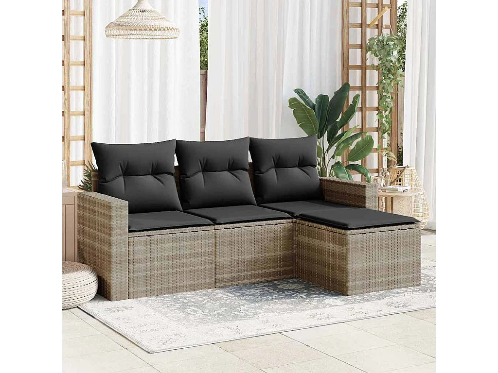 Salon de jardin 4 pcs avec coussins gris clair résine tressée
