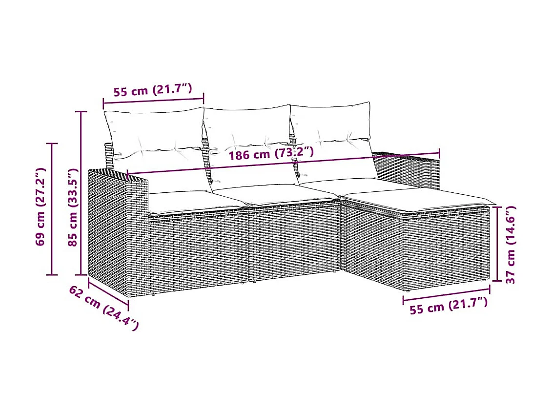 Set de sofás de jardín 4 pzas y cojines ratán sintético gris