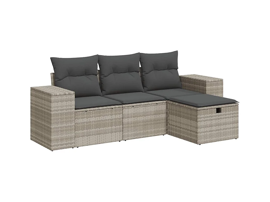 4-delige Loungeset met kussens poly rattan lichtgrijs