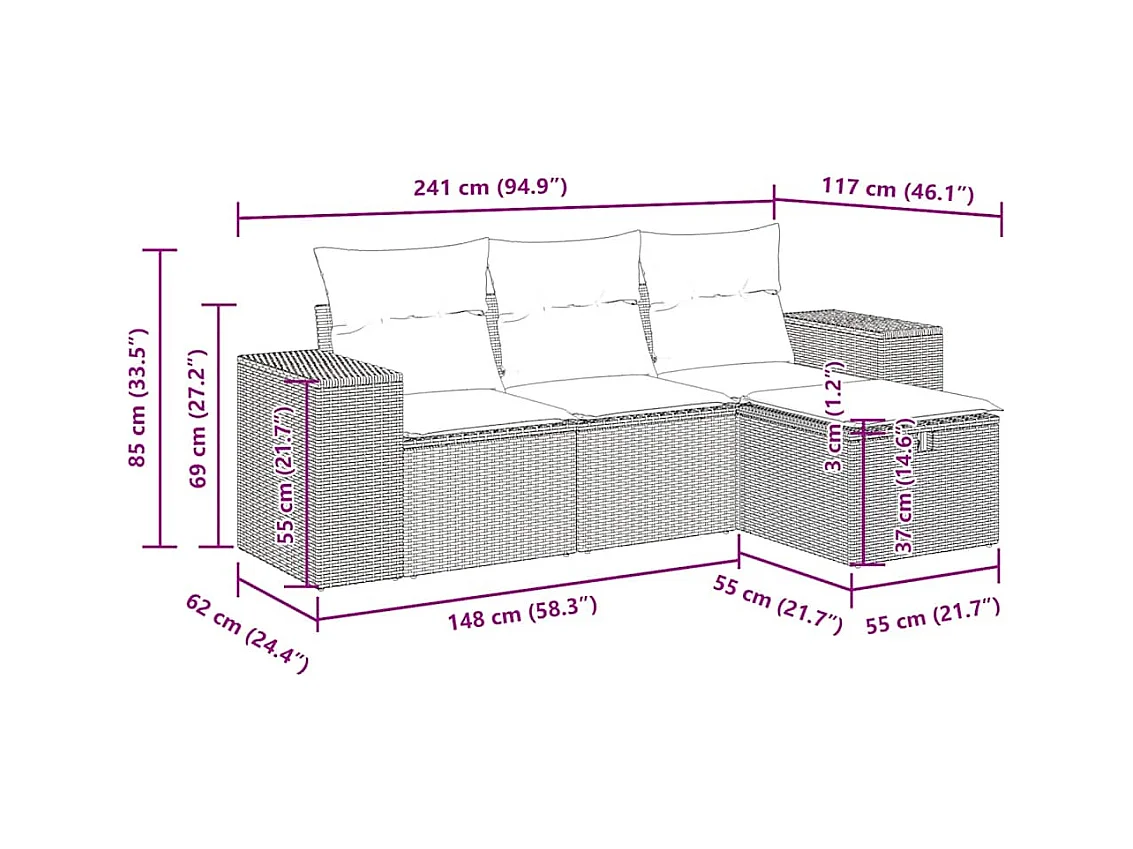 4-delige Loungeset met kussens poly rattan lichtgrijs
