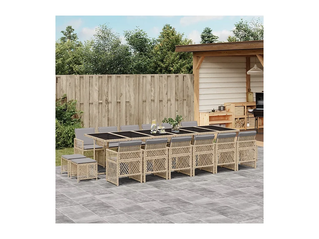 Ensemble à manger de jardin et coussins 17 pcs beige