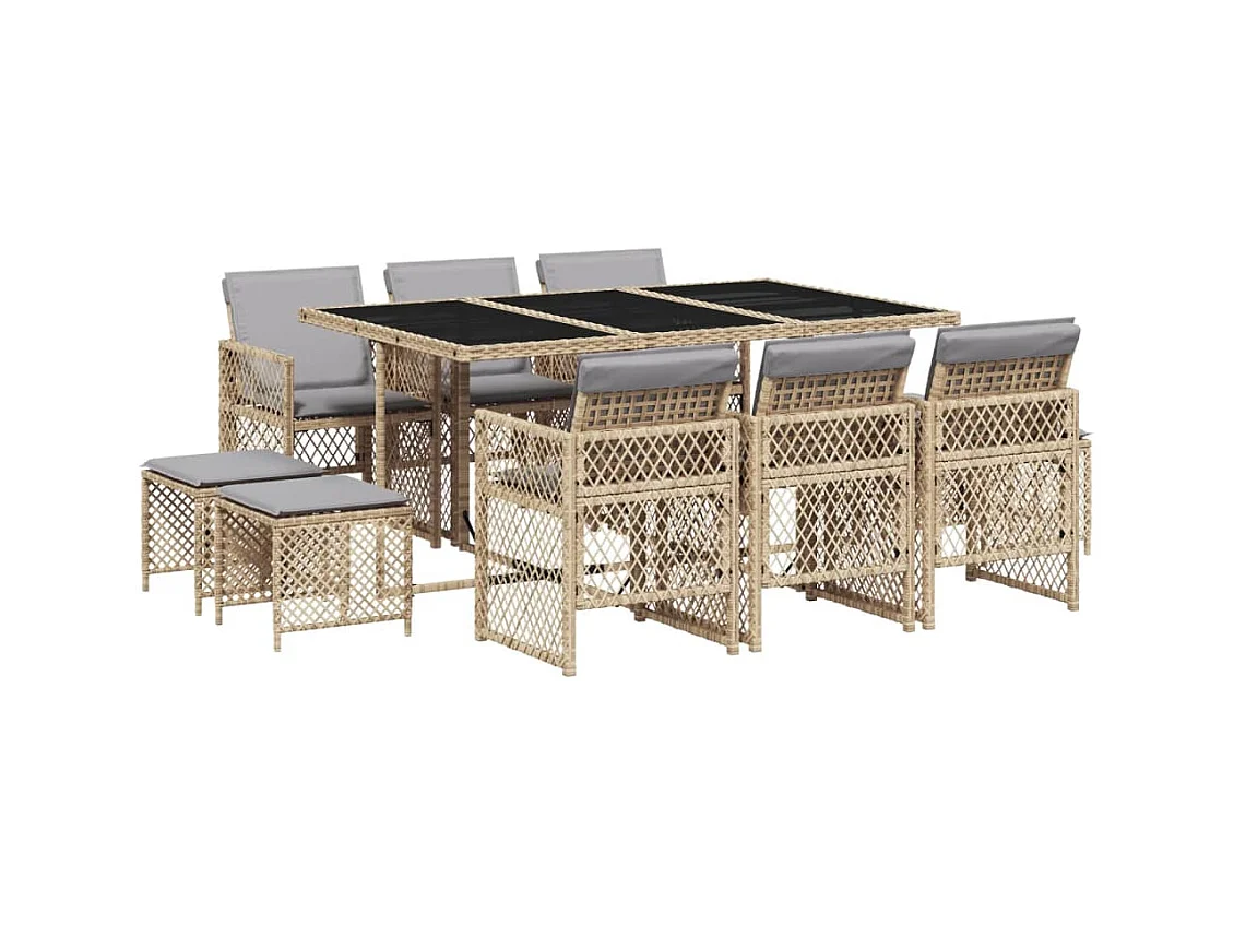 Ensemble à manger de jardin et coussins 11 pcs beige poly rotin