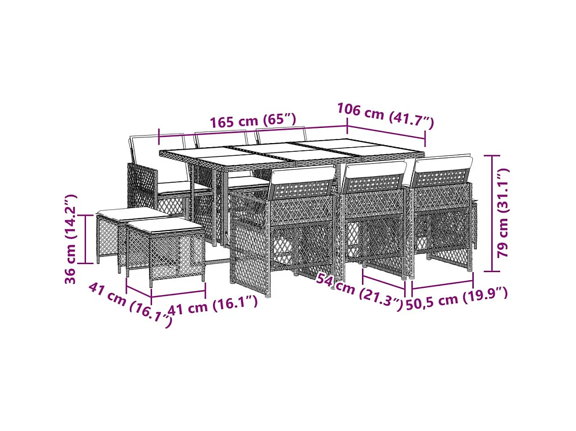 Ensemble à manger de jardin et coussins 11 pcs beige poly rotin