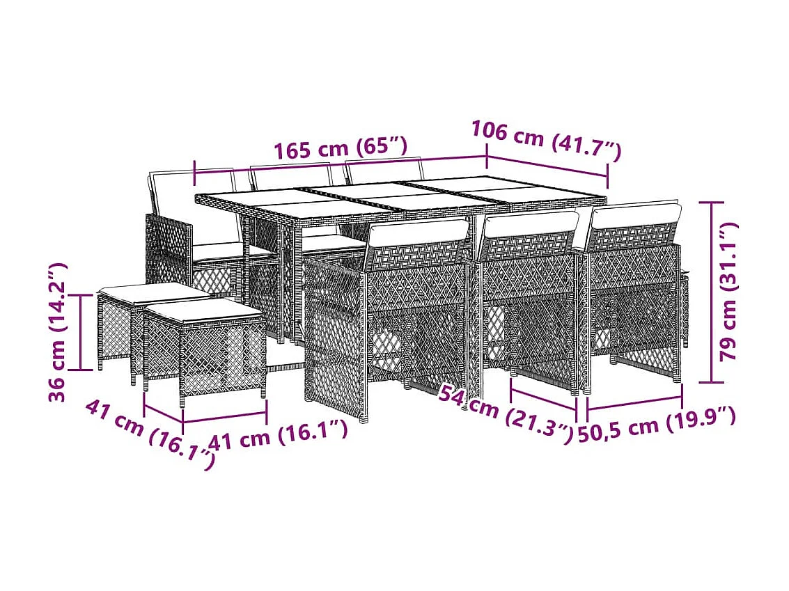 Ensemble à manger de jardin et coussins 11 pcs beige poly rotin