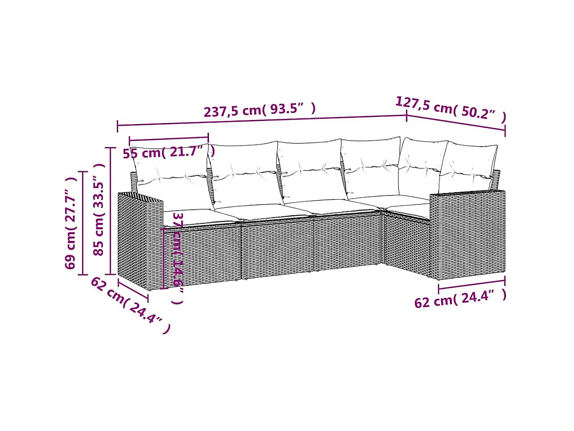Salon de jardin 5 pcs avec coussins gris clair résine tressée
