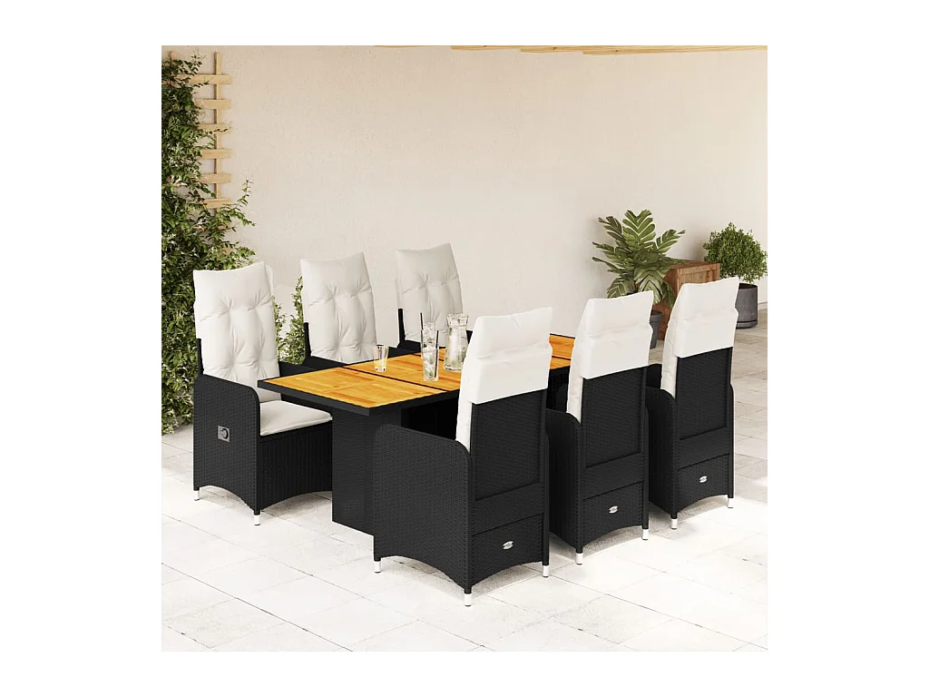 7-tlg. Garten-Bistro-Set mit Kissen Schwarz Poly Rattan