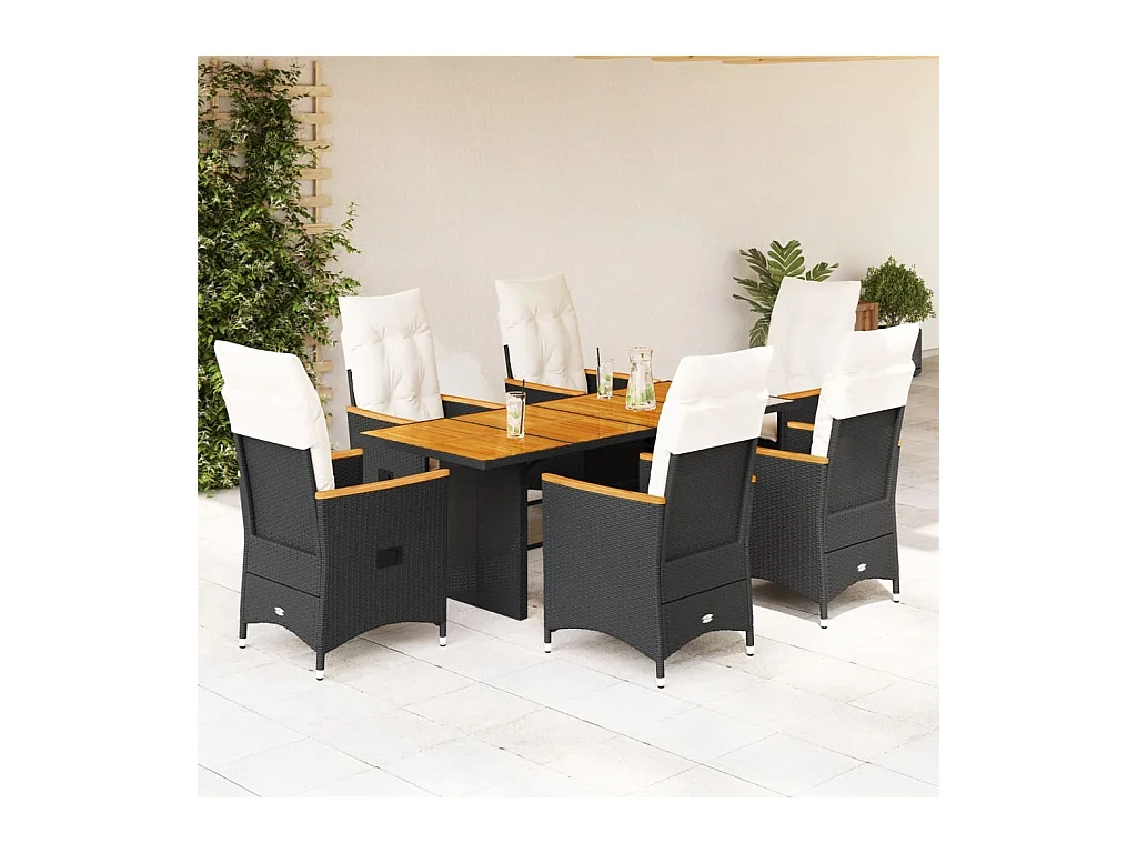 Ensemble à manger de jardin coussins 7 pcs noir résine tressée