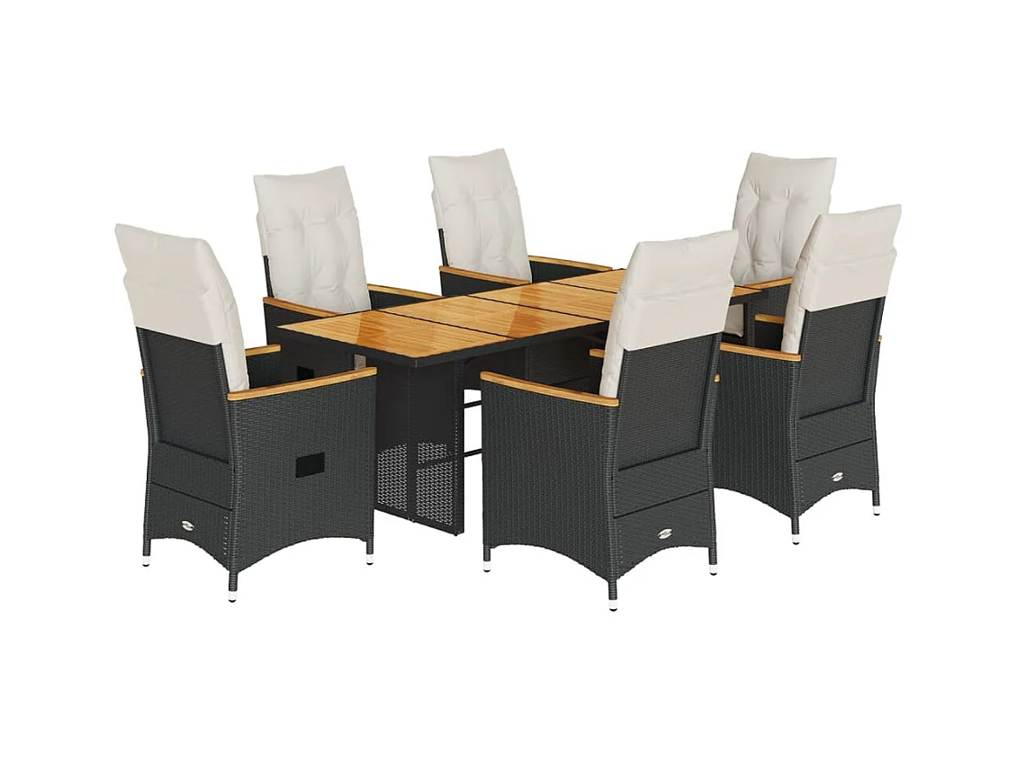 Ensemble à manger de jardin coussins 7 pcs noir résine tressée