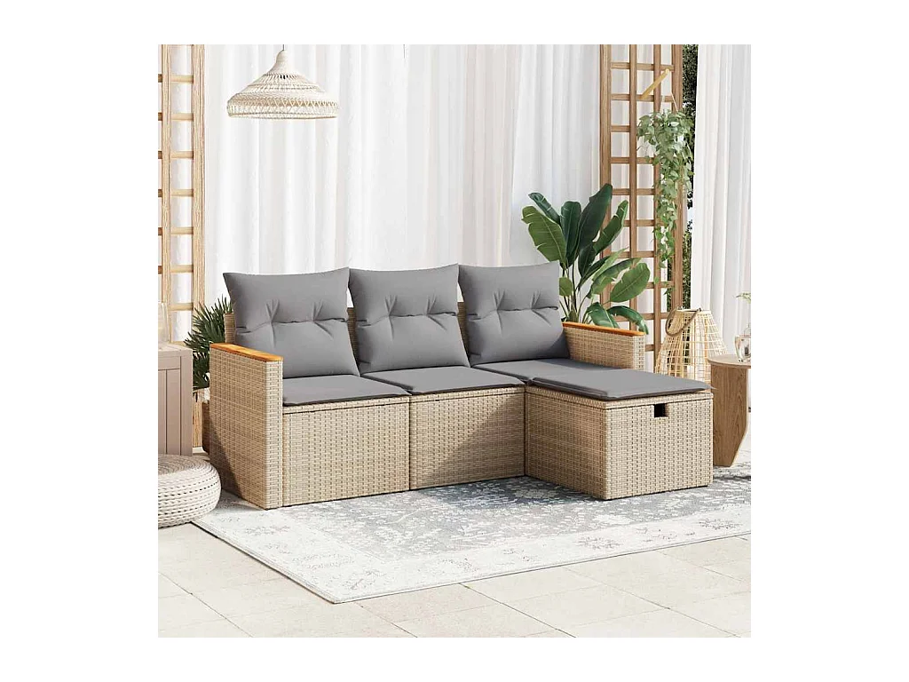 Salon de jardin avec coussins 4 pcs beige résine tressée
