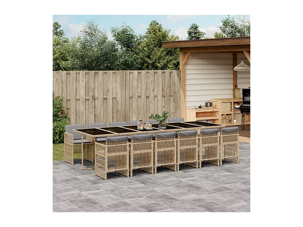Ensemble à manger de jardin coussins 13 pcs mélange beige rotin