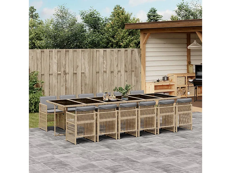 Set comedor de jardín con cojines 13 pzas ratán sintético beige