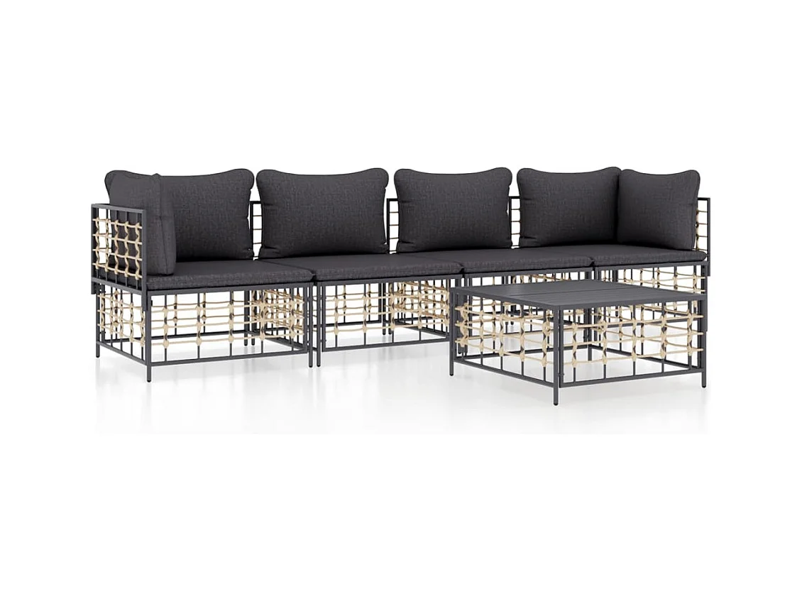 5-delige Loungeset met kussens poly rattan antracietkleurig