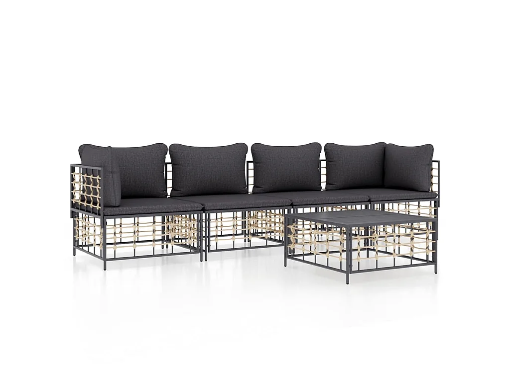 5-delige Loungeset met kussens poly rattan antracietkleurig