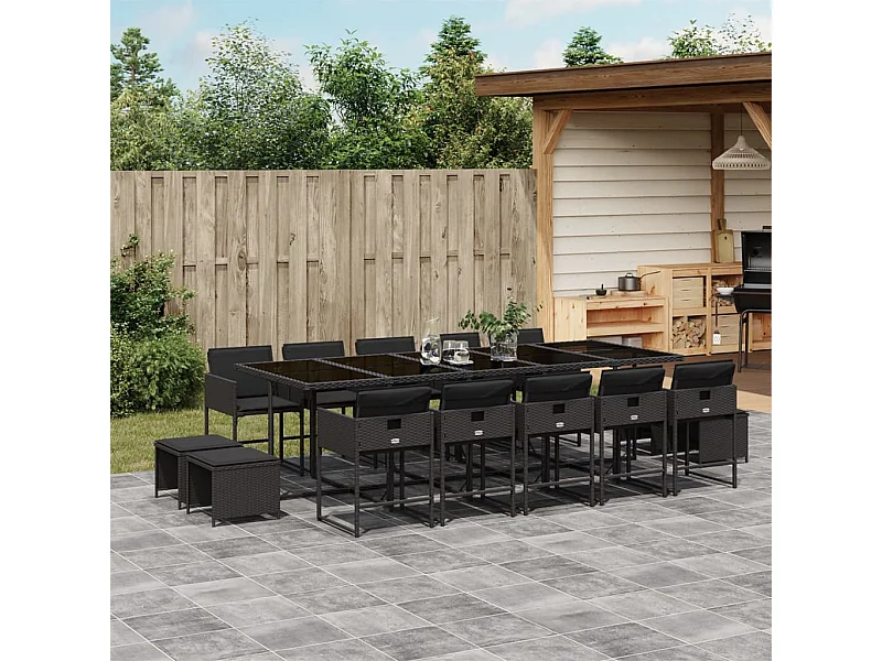 15-tlg. Garten-Essgruppe mit Kissen Schwarz Poly Rattan