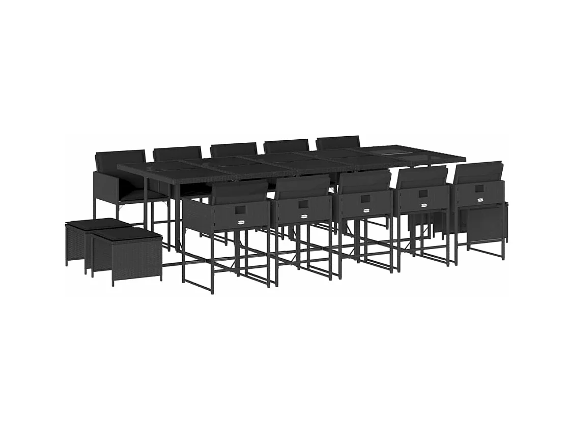 15-tlg. Garten-Essgruppe mit Kissen Schwarz Poly Rattan