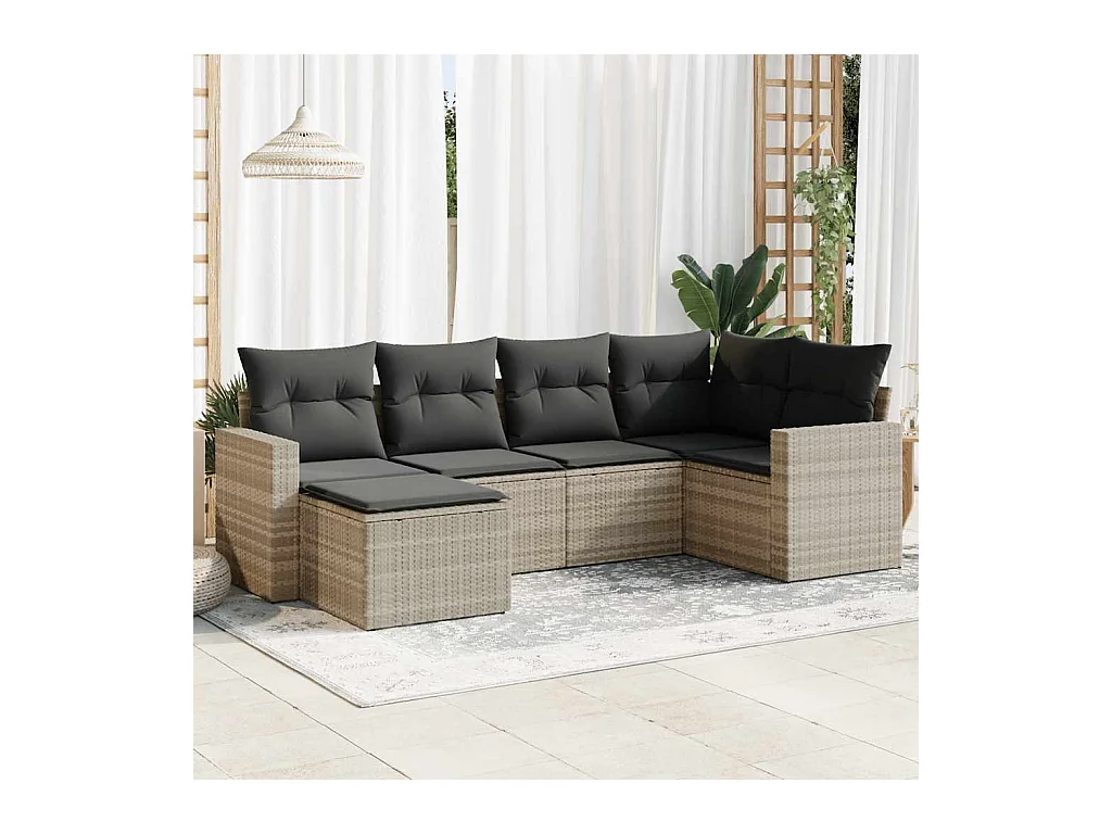 Salon de jardin 6 pcs avec coussins gris clair résine tressée