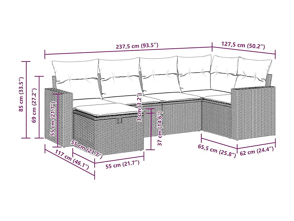 Set Divano da Giardino 6pz con Cuscini Grigio Chiaro Polyrattan