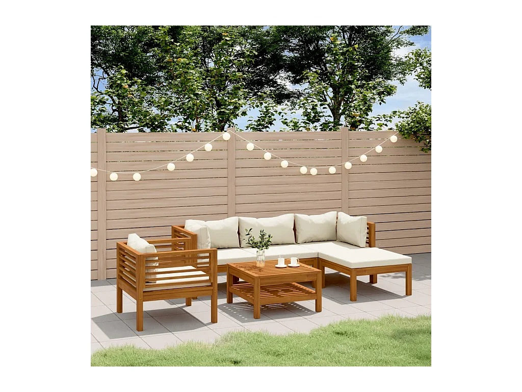 6 pcs conjunto lounge jardim c/ almofadões creme acácia maciça