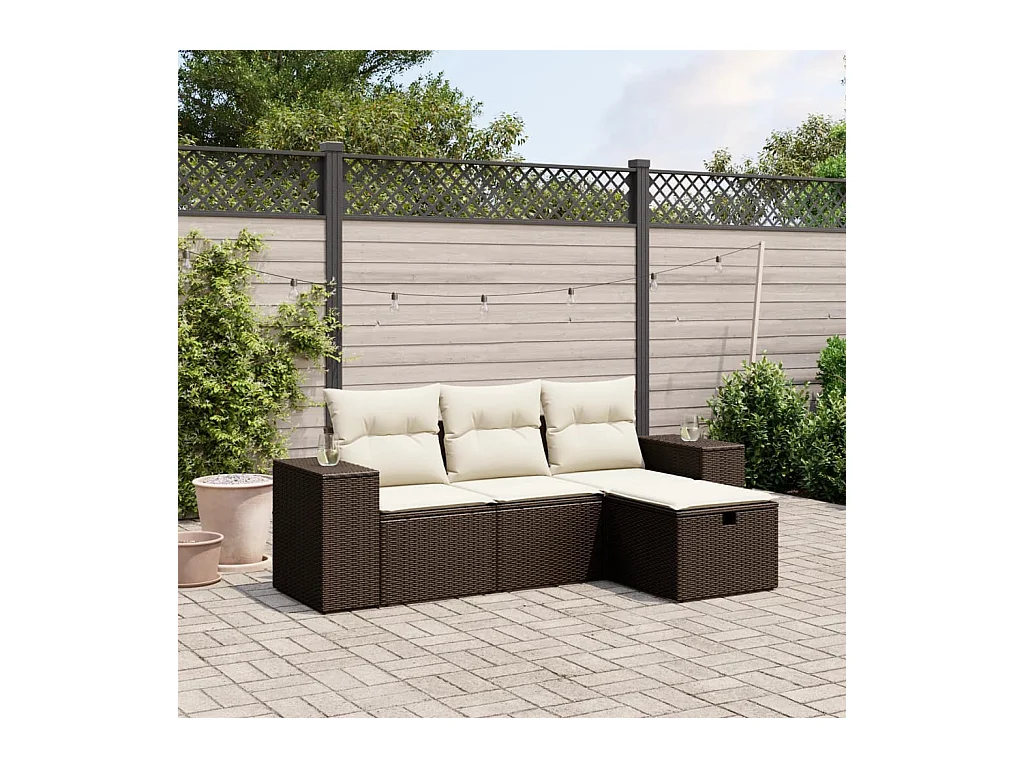 Salon de jardin 4 pcs avec coussins marron résine tressée