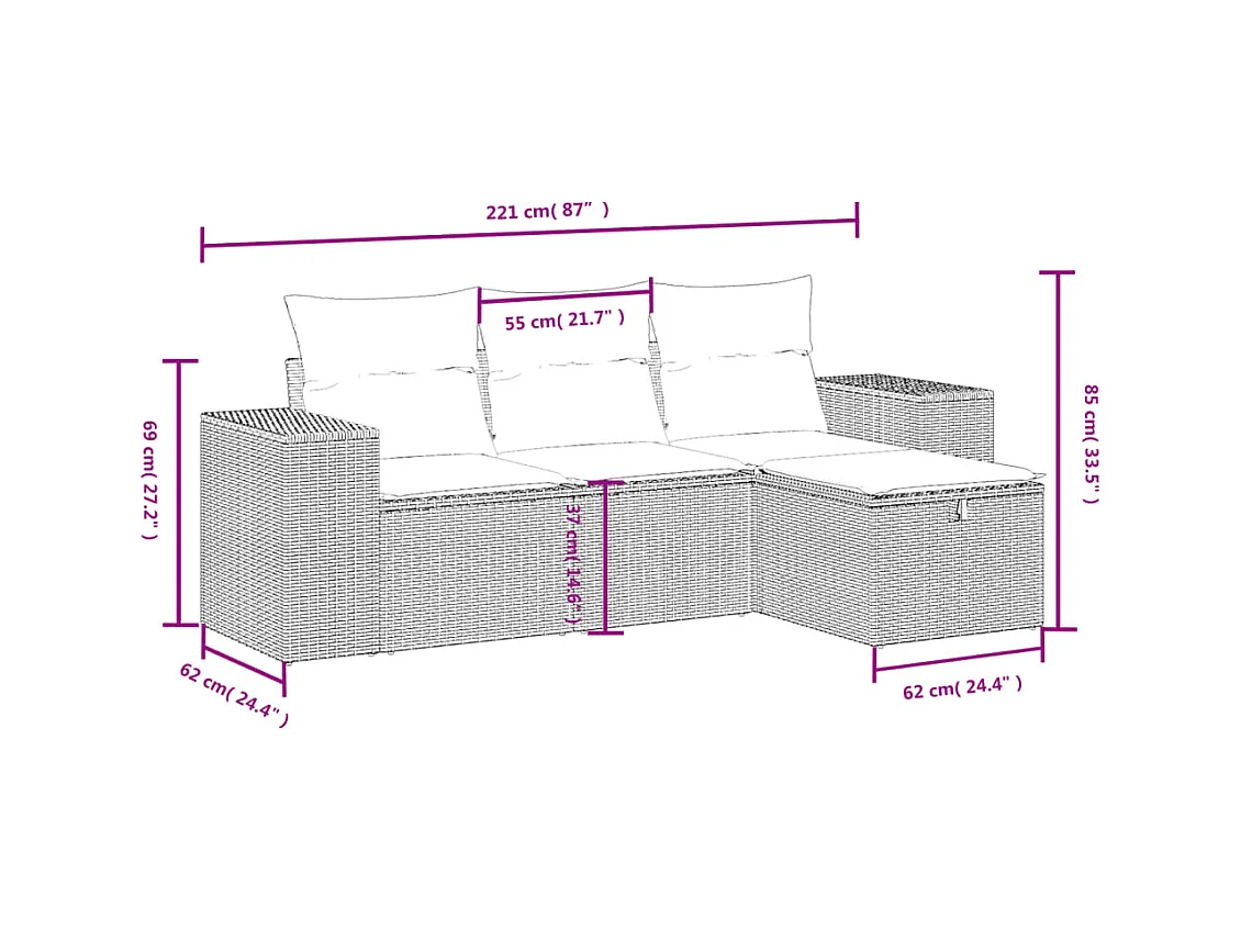 Salon de jardin 4 pcs avec coussins marron résine tressée