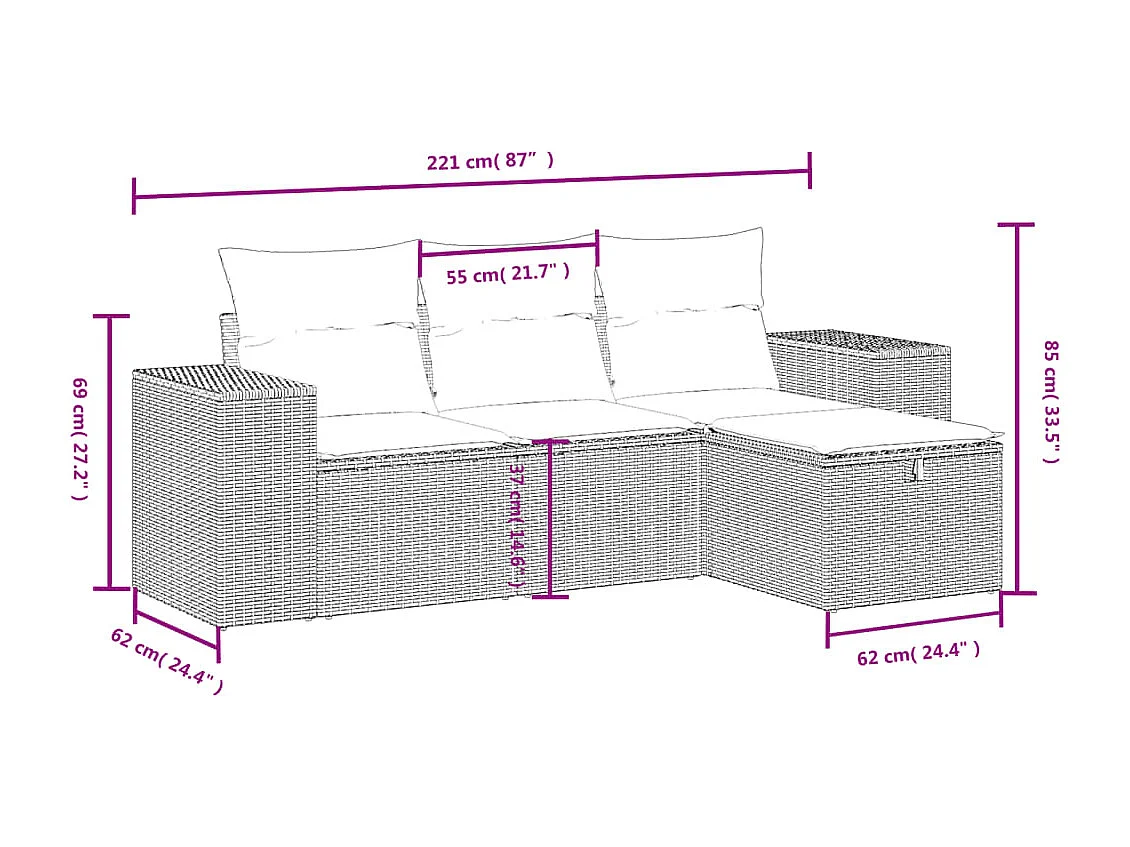 Salon de jardin 4 pcs avec coussins marron résine tressée