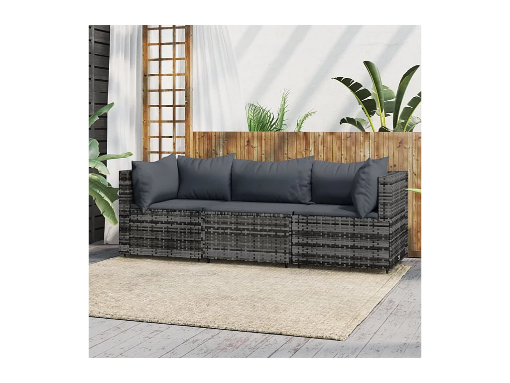Salon de jardin 3 pcs avec coussins Gris Résine tressée