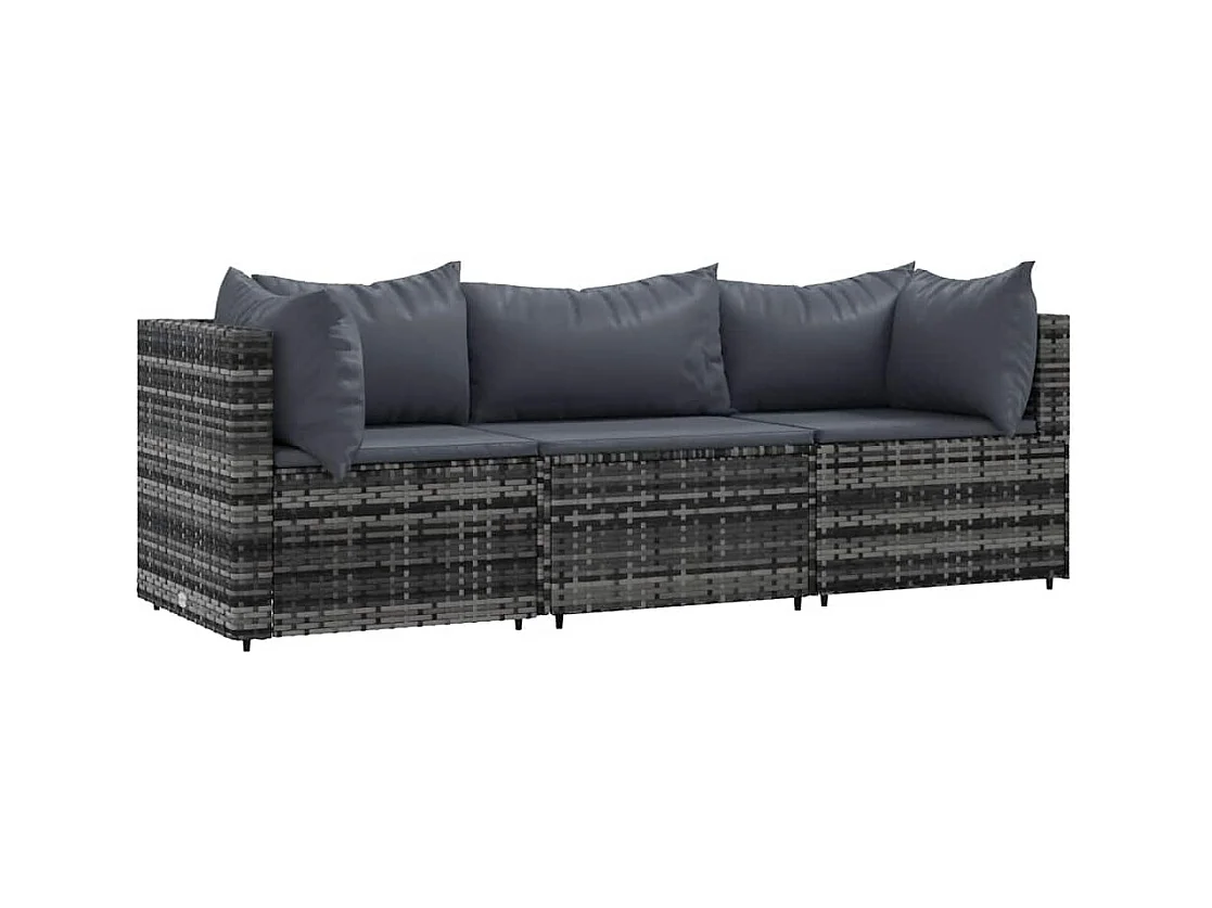 Salon de jardin 3 pcs avec coussins Gris Résine tressée