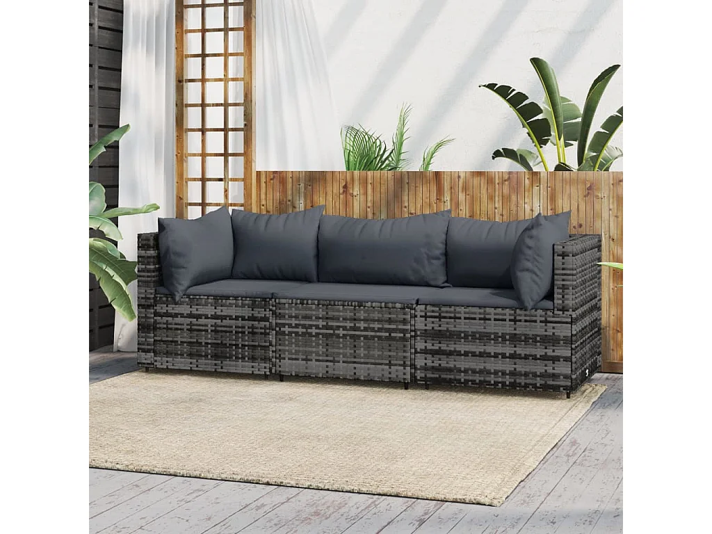 3 pcs conjunto lounge de jardim c/ almofadões vime PE cinzento